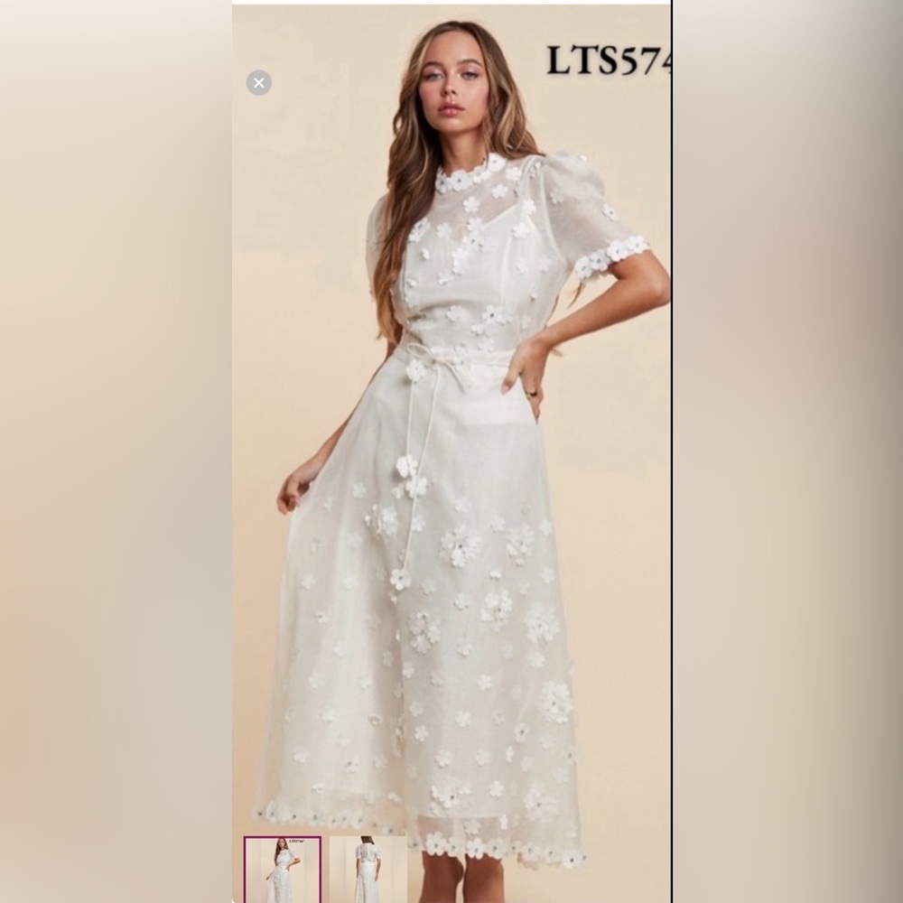 L'ATISTE White Floral Appliqué Midi Dress with Puff Sleeves